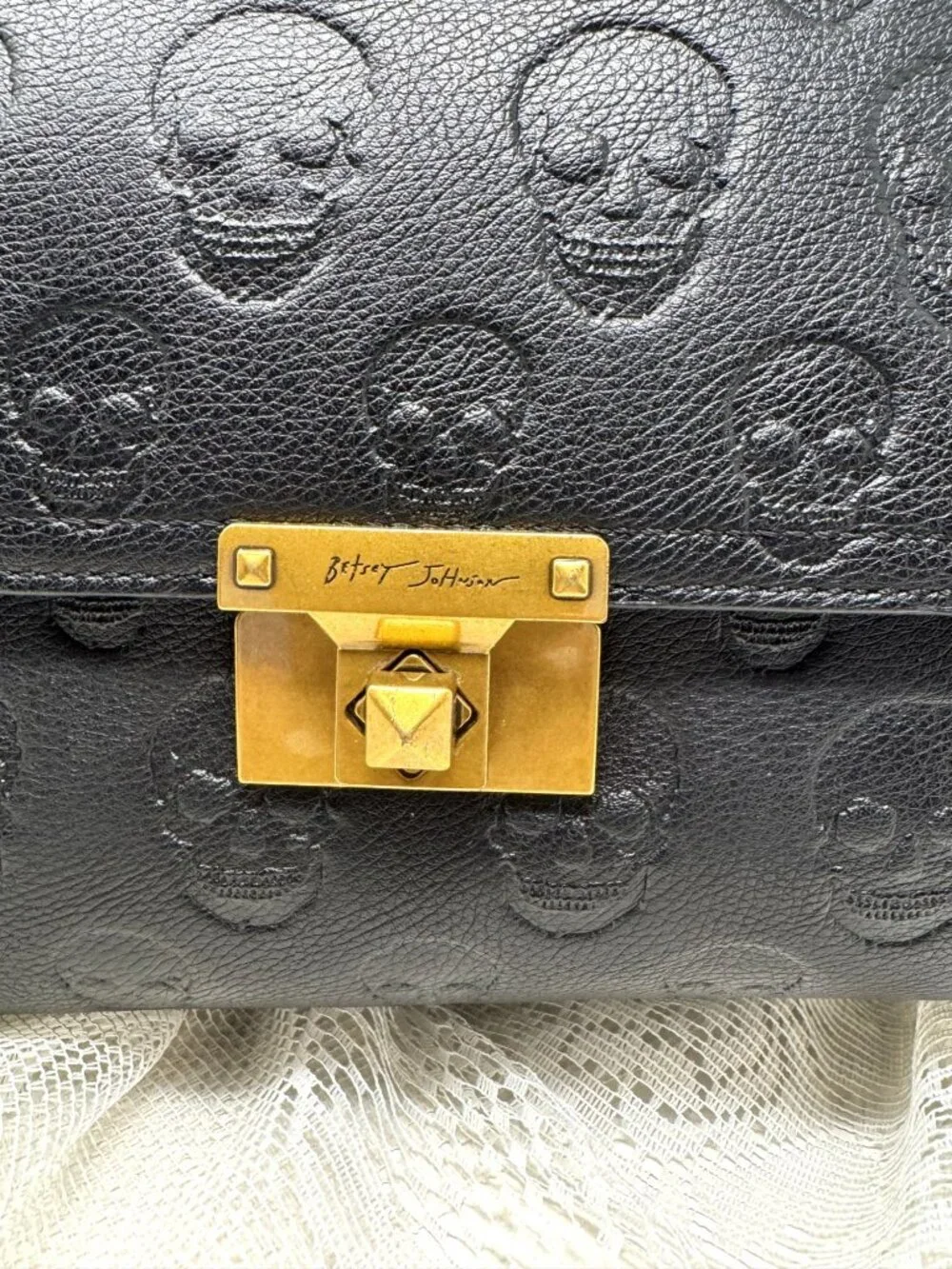 Betsey Johnson Skull Boss Satchel Black Gold Trim Top Handle